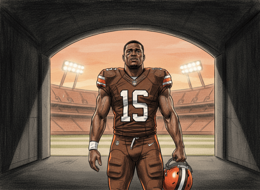 Editorial illustration of a Cleveland running back marking the end of his professional football career.