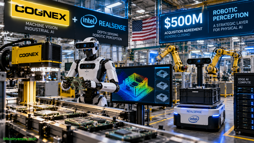 Editorial illustration of Cognex machine vision and RealSense depth sensing inside a U.S. robotics factory, with the pending $500 million acquisition clearly identified