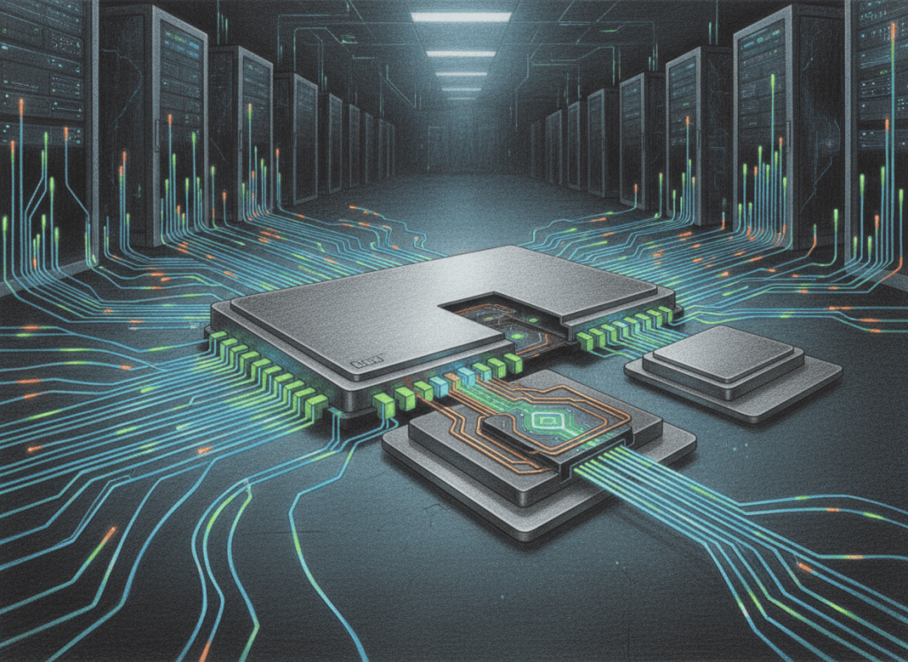 Colored-pencil editorial illustration of co-packaged optical engines and fiber links connecting an AI accelerator to data-center servers.