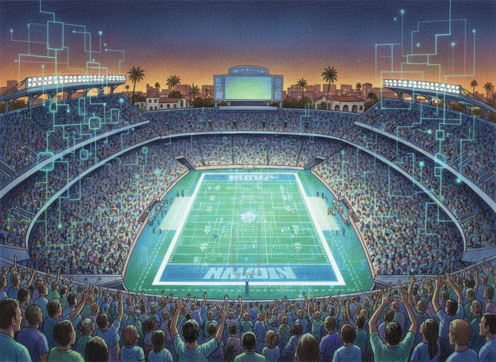 Editorial illustration of college football stadium infrastructure combined with data and AI technology.