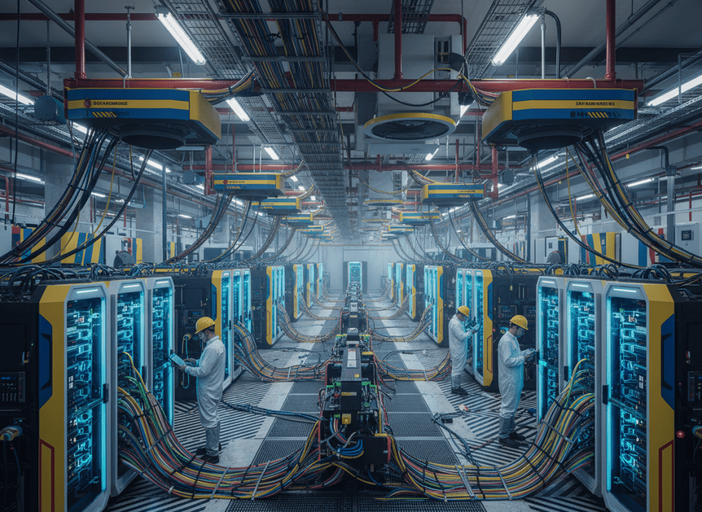 Massive AI supercomputer data center with dense liquid-cooled GPU racks and fiber networking