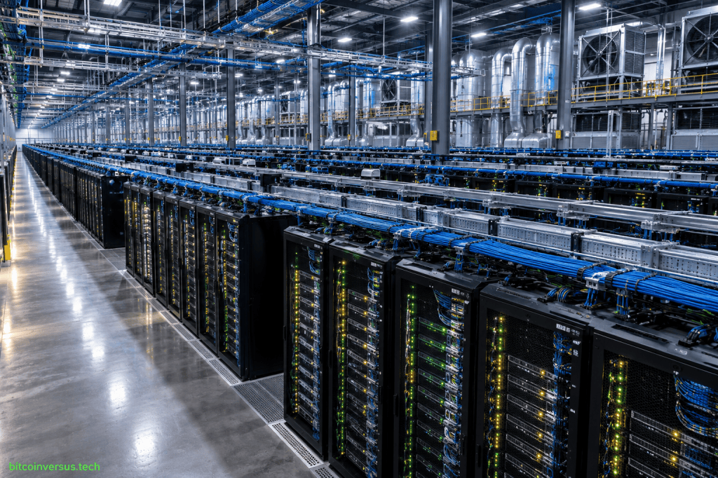 Editorial illustration of a massive AI data center filled with accelerator server racks and cooling infrastructure