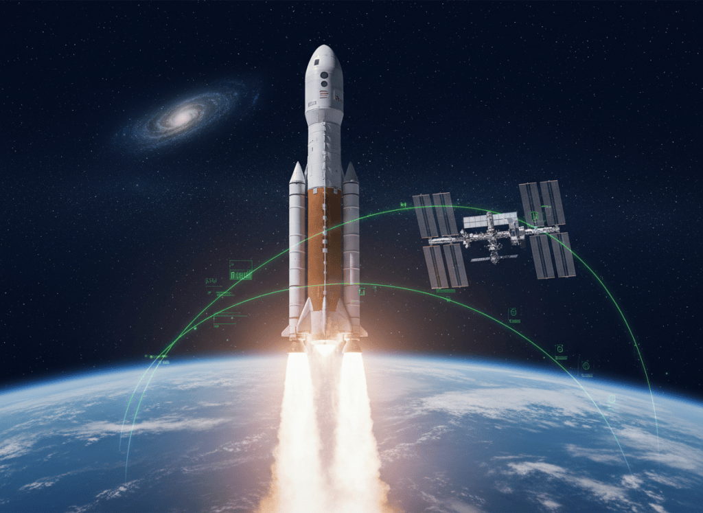 Illustration of a commercial crew rocket and spacecraft launching toward the International Space Station.