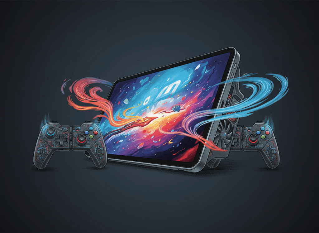 Editorial illustration of a compact gaming tablet with high-refresh OLED display and active cooling.