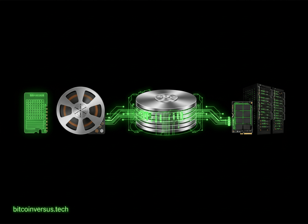 Computer storage evolving from punched cards and magnetic tape through early hard disks to modern NVMe SSDs and AI data-center storage.