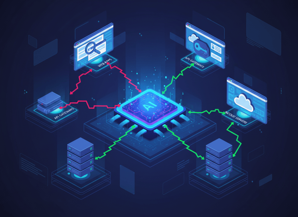 Editorial illustration of AI models continuously testing enterprise applications, APIs, cloud systems and networks for security vulnerabilities.
