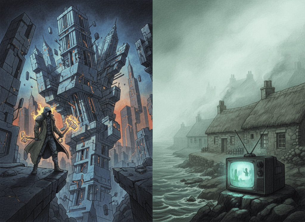 Editorial illustration contrasting a warped supernatural Manhattan with a foggy Scottish horror village.