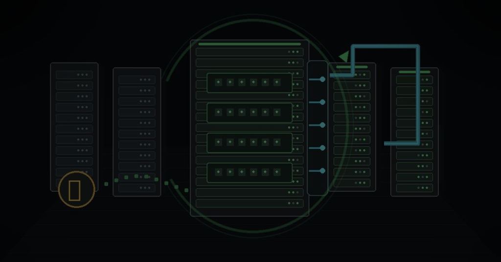 Liquid-cooled AI racks with looping data paths and a small Bitcoin symbol representing the shift from mining infrastructure toward AI compute.