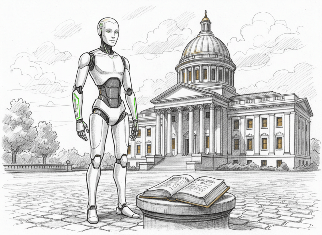 Pencil-style editorial illustration of a humanoid robot beside a courthouse and Constitution, representing the debate over future robot legal rights.