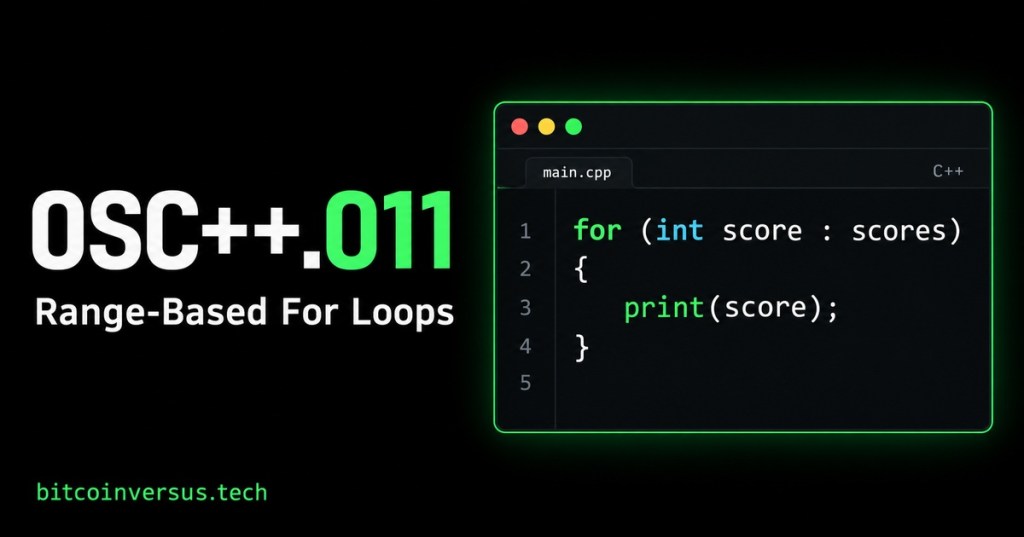 A single C++ editor window shows a range-based loop calling print for each score. Black and neon-green OSC++.011 cover with bitcoinversus.tech at bottom left.