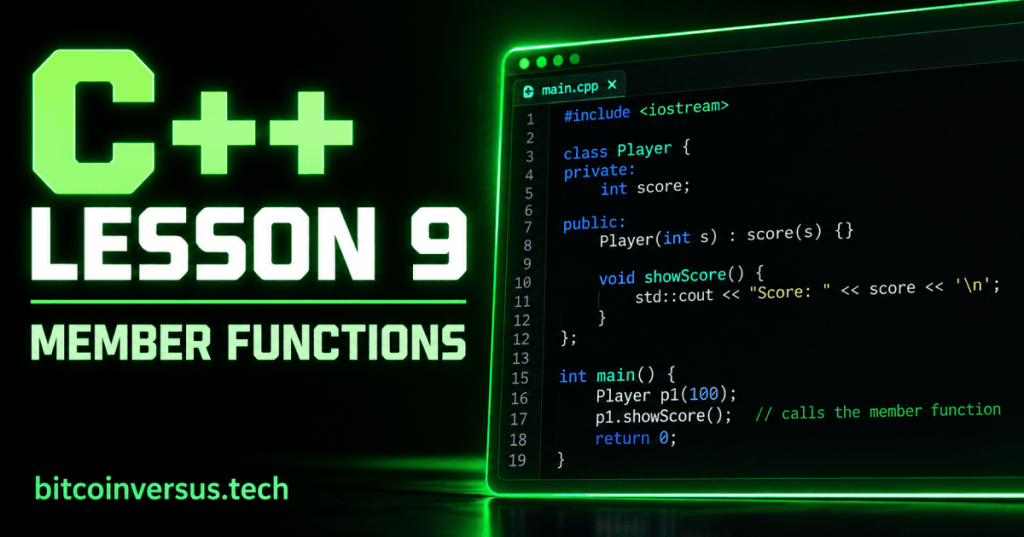 Minimal black and neon-green C++ Lesson 9 cover showing a single code editor scene with a Player member function