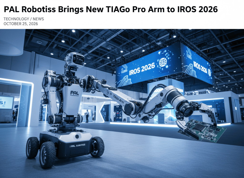 Create a landscape featured cover for a technology/news article titled "PAL Robotics Brings New TIAGo Pro Arm to IROS 2026". Use a subject-specific realistic editorial visual: photorealistic by default, or grounded realistic comic/anime/cartoon styling only when appropriate for a programming, gaming, sports, or training lesson. Accurately depict the core hardware, infrastructure, sport, software, or scientific subject named in the headline. No generic placeholder imagery, no decorative text, no fake logos, no watermarks.