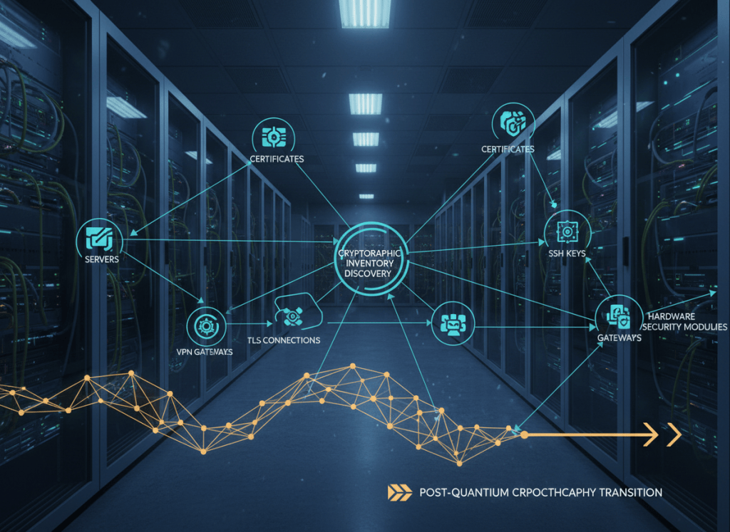 Illustration of an enterprise cryptographic inventory mapping certificates, keys, protocols and systems before migration to post-quantum cryptography.