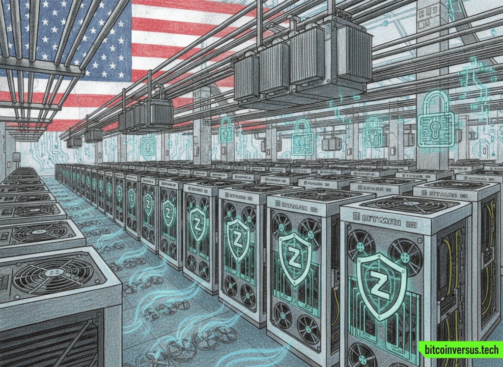 Large U.S. Zcash ASIC mining fleet with privacy and electrical infrastructure motifs