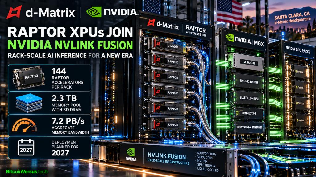 d-Matrix Raptor XPU rack connected to NVIDIA NVLink Fusion MGX AI infrastructure