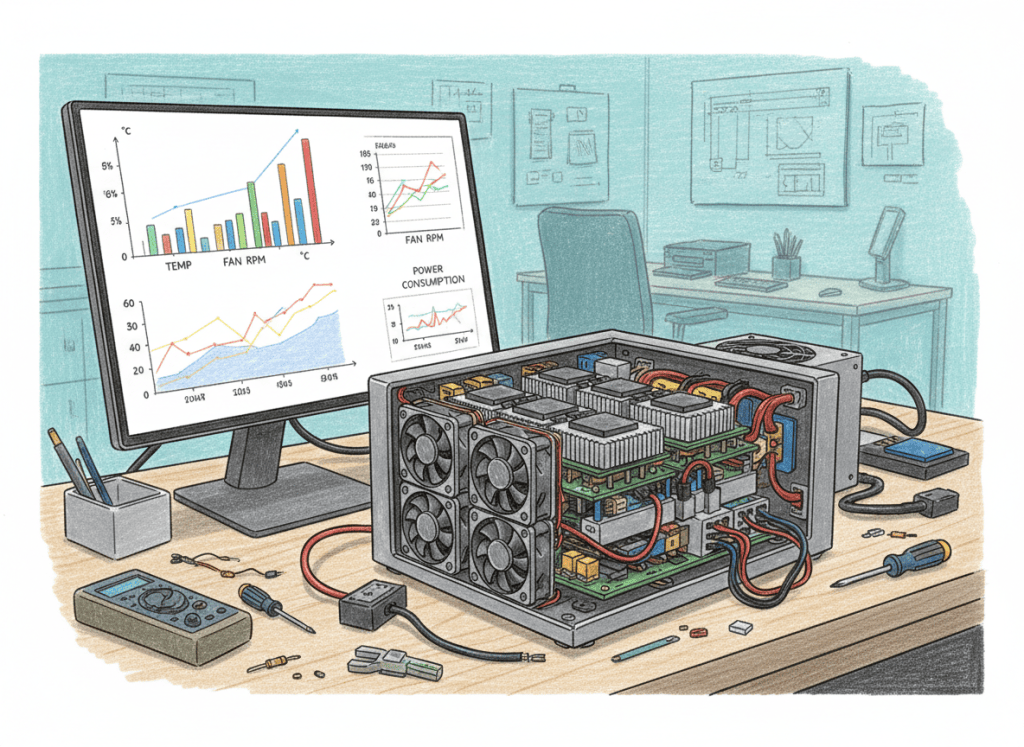 Colored-pencil illustration of a compact desktop Bitcoin ASIC miner with visible hashing hardware, cooling and power electronics.