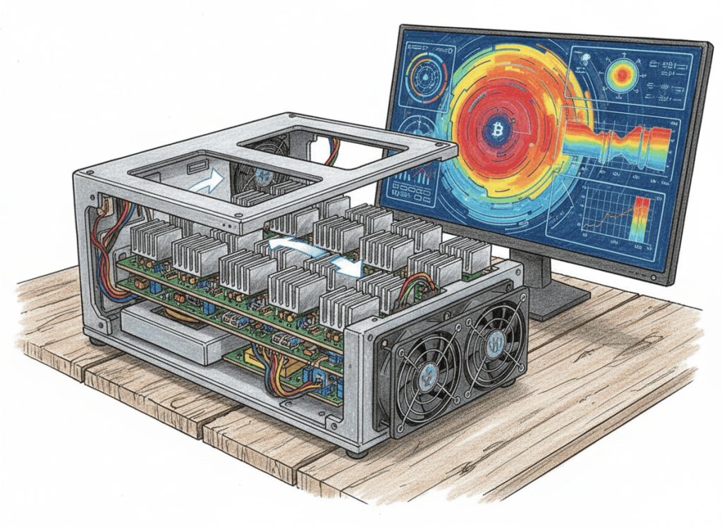 Colored-pencil illustration of a compact desktop Bitcoin ASIC miner showing its hashing board, power electronics, heatsinks and cooling system.