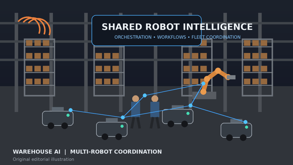 Warehouse with multiple autonomous robots, robotic arms and human workers coordinated by a shared digital orchestration layer, illustrating Destro AI.