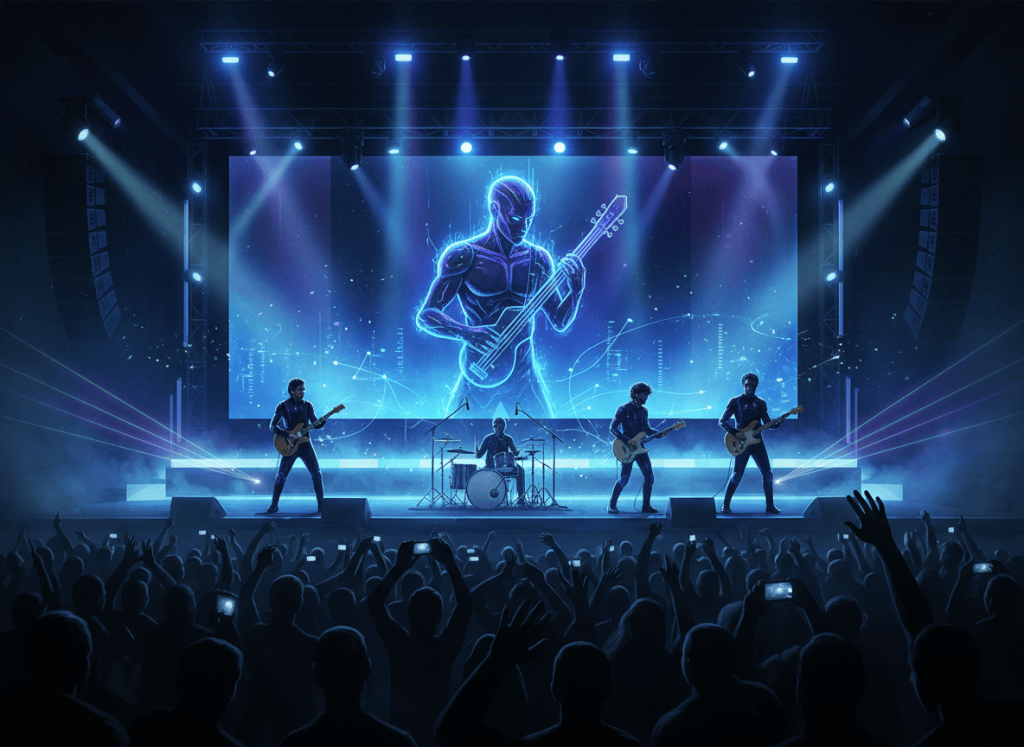 Illustration of a digital musician avatar performing on an LED stage alongside live musicians.