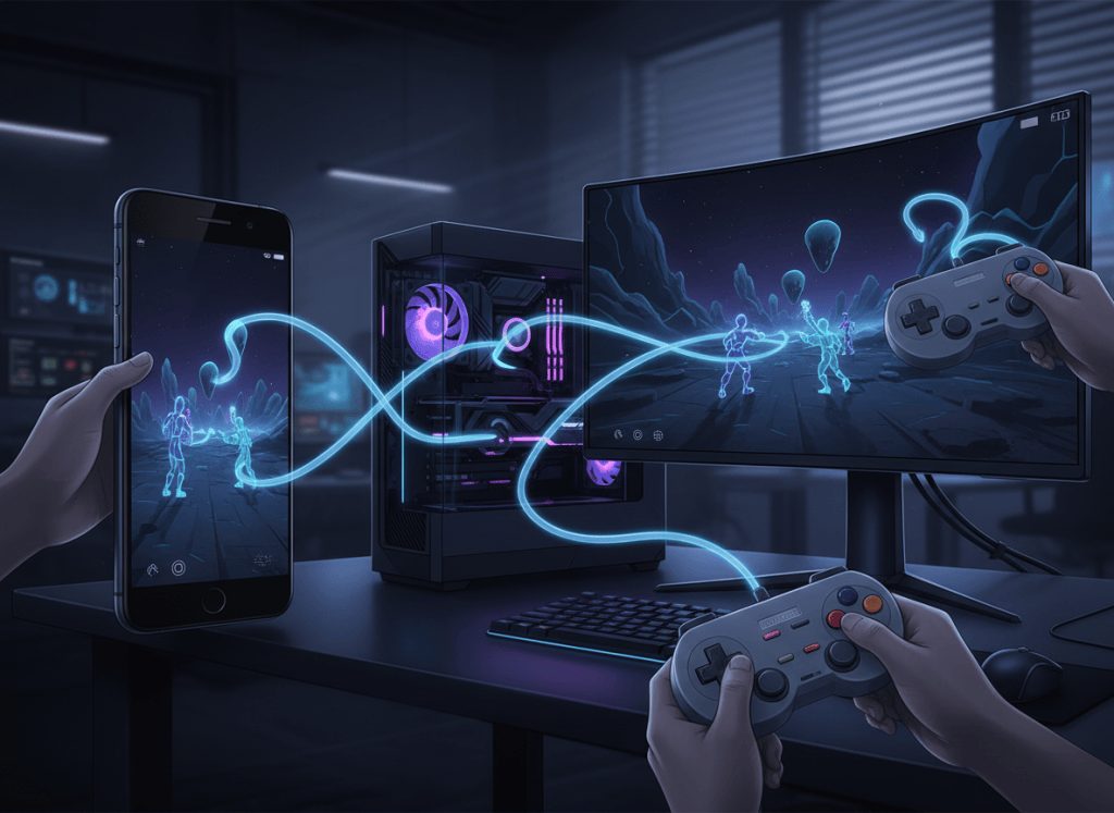 Android phone and desktop PC connected for cross-platform online multiplayer