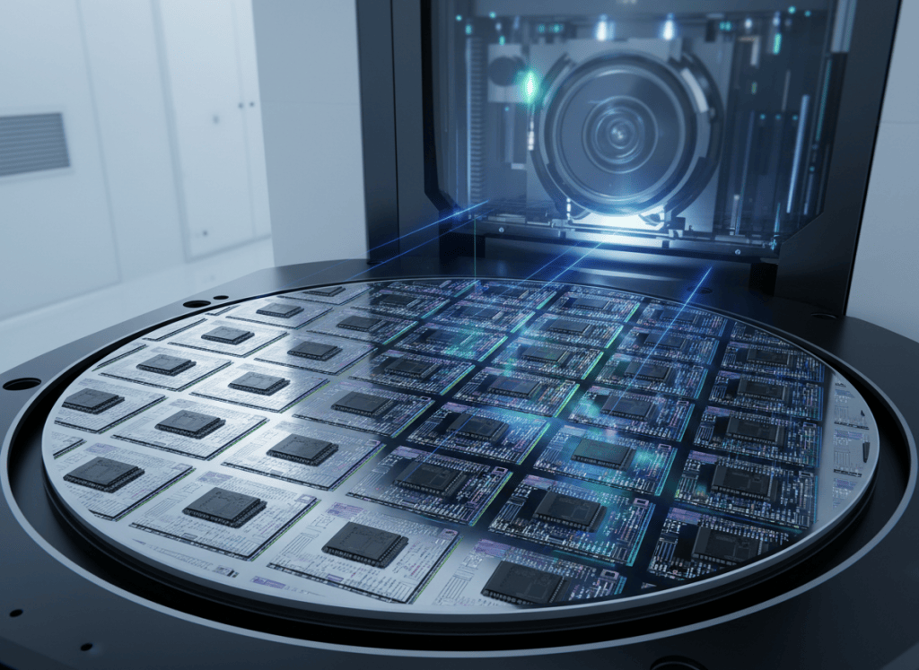 Illustration of a DRAM silicon wafer and semiconductor fabrication equipment in a cleanroom.
