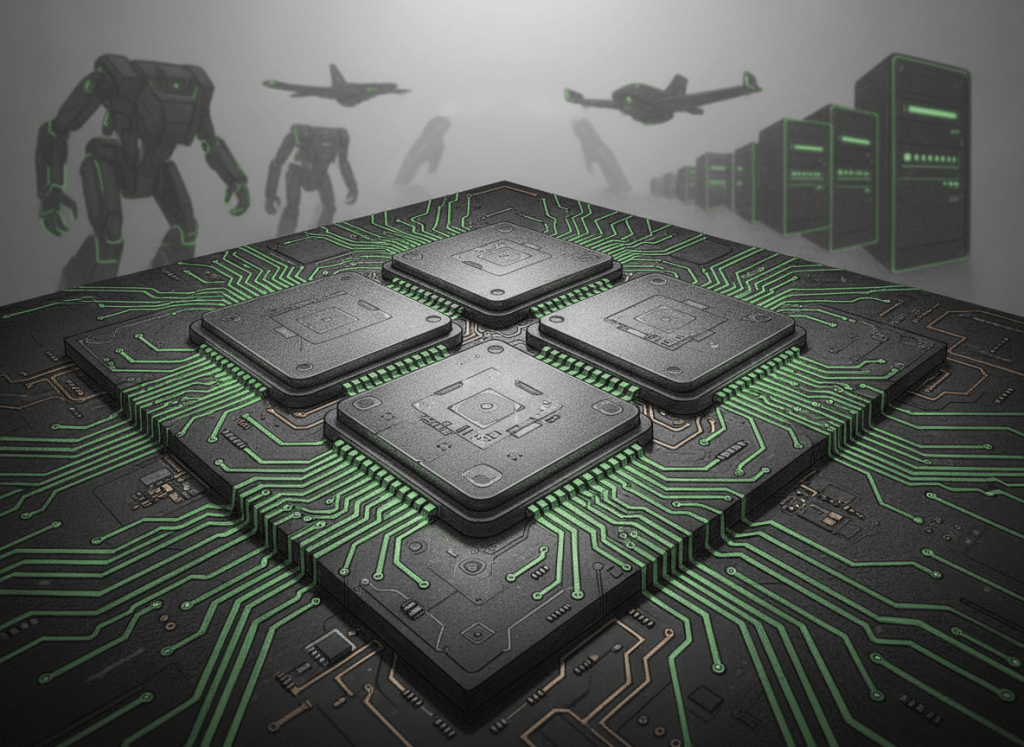 Editorial illustration of a four-die AI chiplet package connected to robotics and edge computing systems.