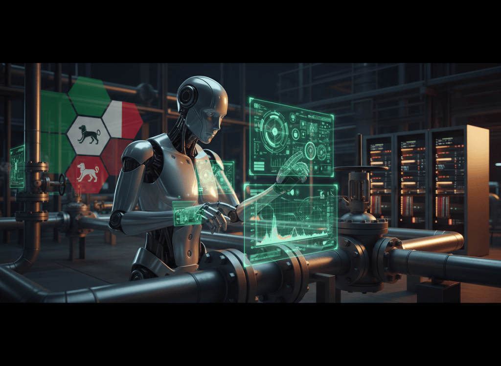 Humanoid robot inspecting industrial energy infrastructure with green AI diagnostics, an Italian flag and high-performance computing equipment.