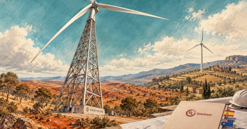 Conceptual AI-generated wind-turbine illustration with lattice tower, Envision and UL Solutions symbolism, and Spanish and Australian flag tabs.