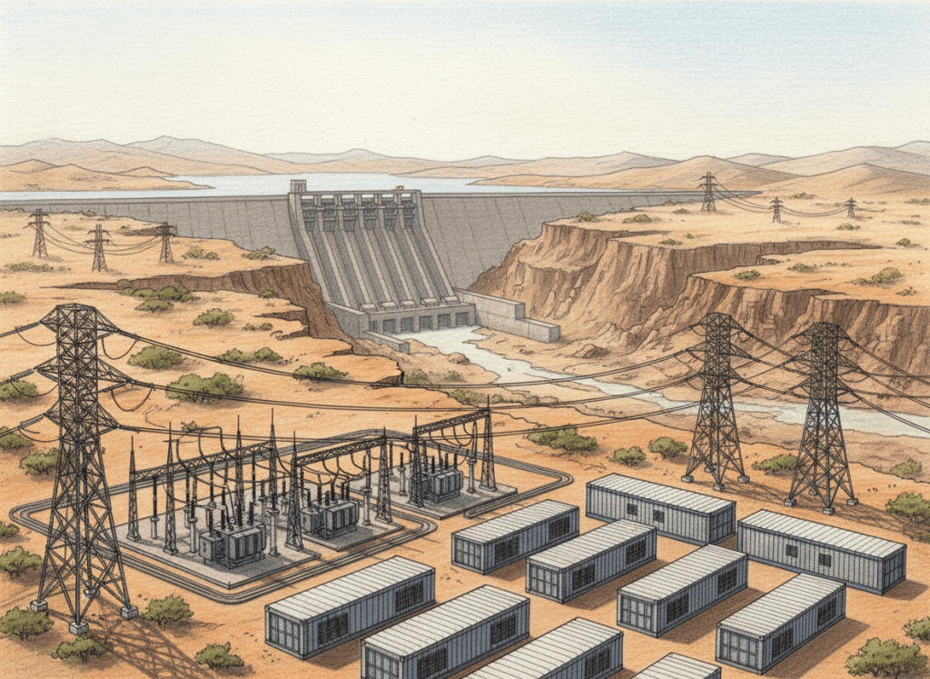 Colored-pencil illustration of an Ethiopian hydroelectric grid supplying a Bitcoin mining data center during low reservoir conditions.