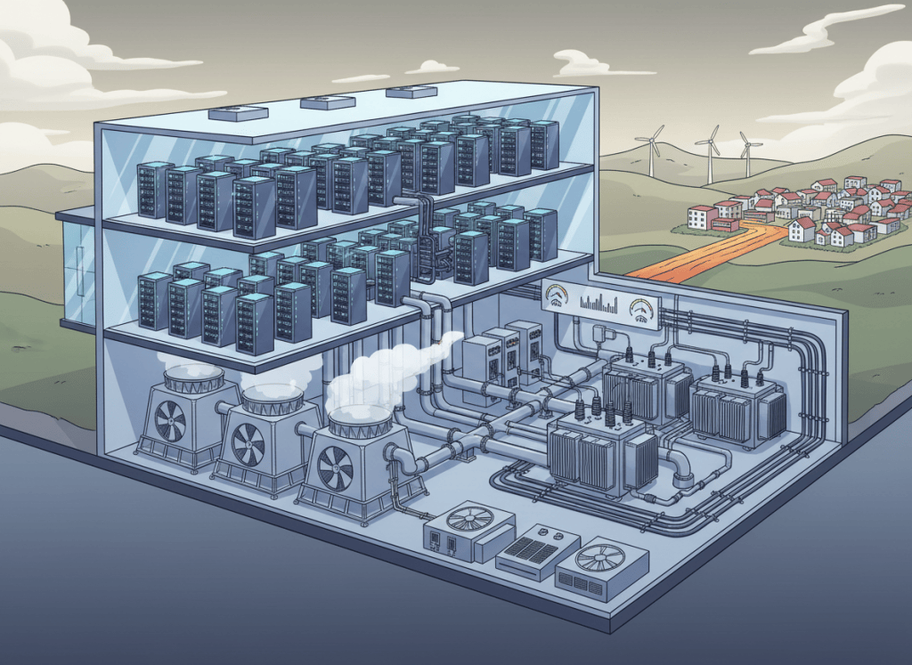 Editorial illustration of a European data center with power, cooling, water efficiency and waste heat recovery systems.