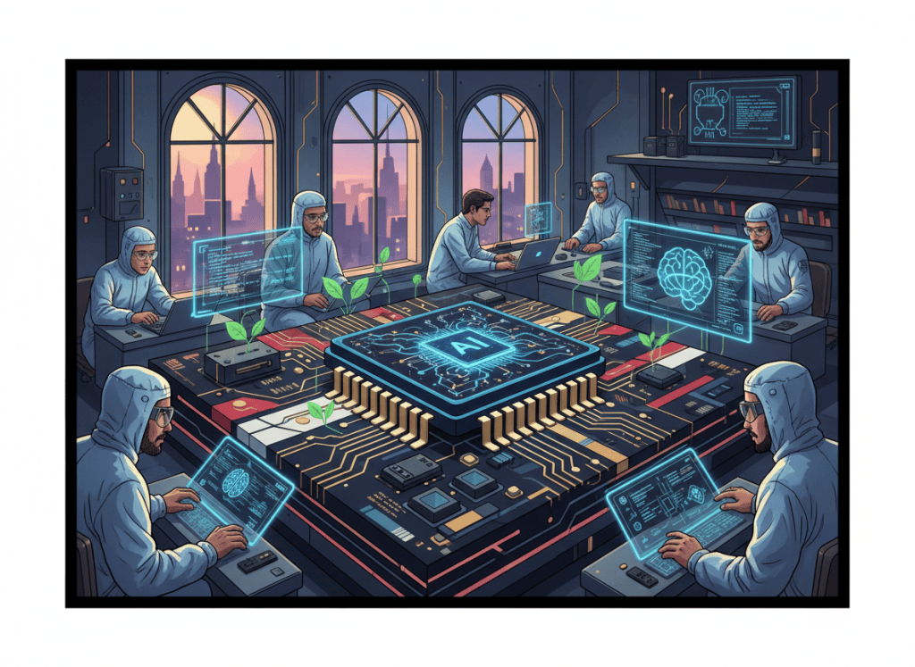 Illustration of an AI accelerator chip in a European semiconductor research laboratory.