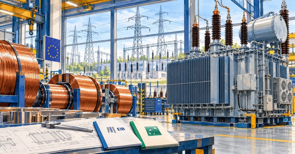 AI-generated illustration of transformer manufacturing with copper coils, an EU flag, and EIB and BNP Paribas symbols.