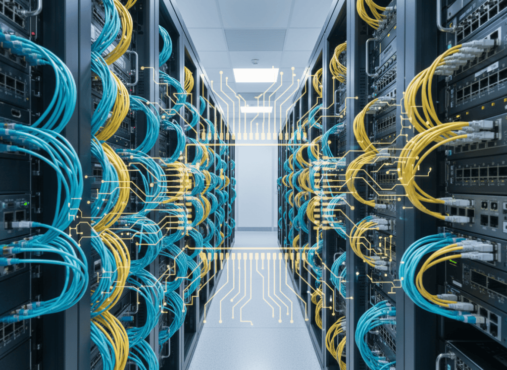 Exact wide social-card composition, 1.91:1 landscape aspect ratio, editorial technology image for Tower Semiconductor and NewPhotonics AI optical networking. Modern data center racks, neatly routed aqua and yellow fiber optic Ethernet cables, optical transceiver modules, silicon photonics chip motif, realistic professional photography, no words, no logos, no people, central safe area for cropping.