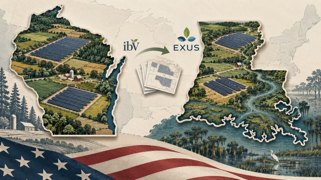 AI-generated editorial illustration of four solar project clusters within Wisconsin and Louisiana silhouettes, with ibV-to-Exus transfer symbolism.