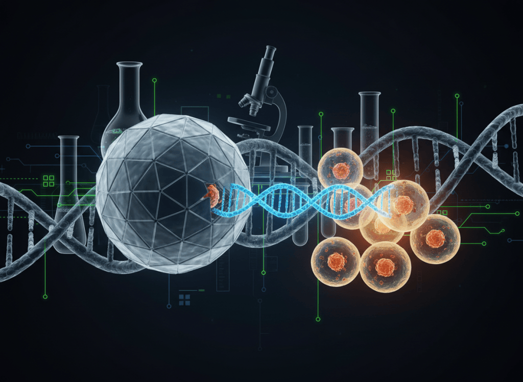 Scientific illustration of an AAV9 gene therapy vector delivering genetic material to human cells.