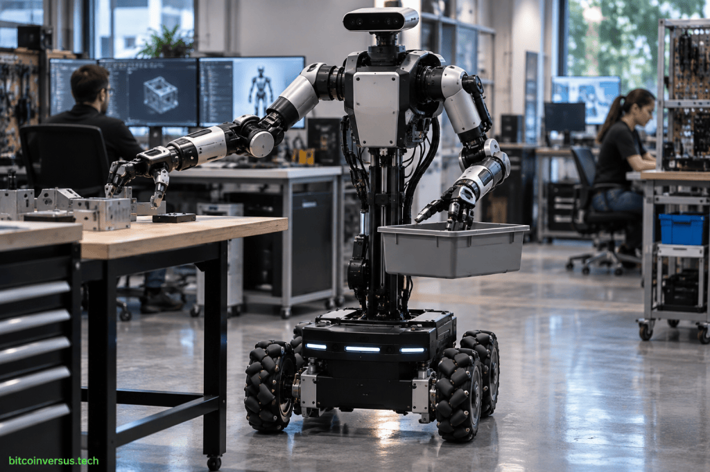 Editorial illustration of a modular wheeled humanoid robot in a robotics development lab