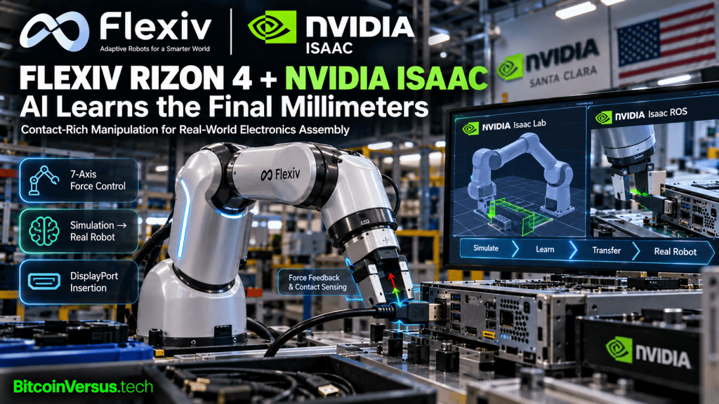 Flexiv Rizon 4 seven-axis adaptive robot inserting a DisplayPort cable with NVIDIA Isaac Lab and Isaac ROS simulation-to-real workflow