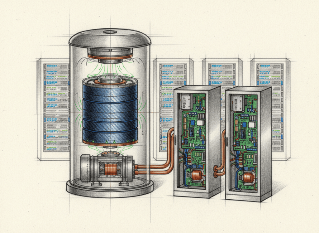 Colored-pencil engineering cutaway of a flywheel energy storage system beside data-center power electronics.