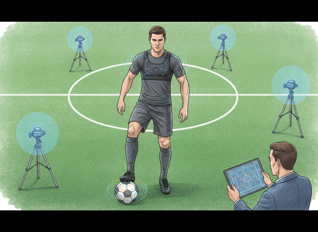 Editorial illustration of soccer wearable tracking technology, connected ball and real-time performance data.