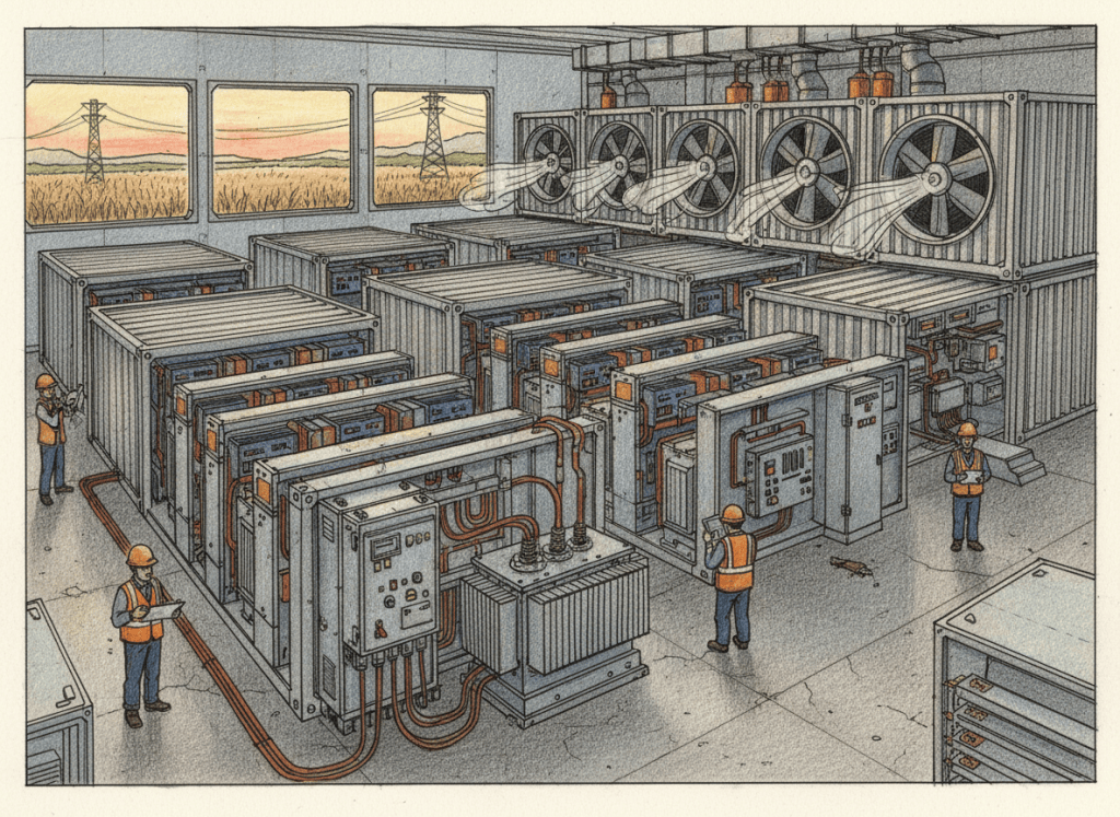 Colored-pencil engineering illustration of institutional Equihash ASIC mining hardware and data-center power infrastructure.