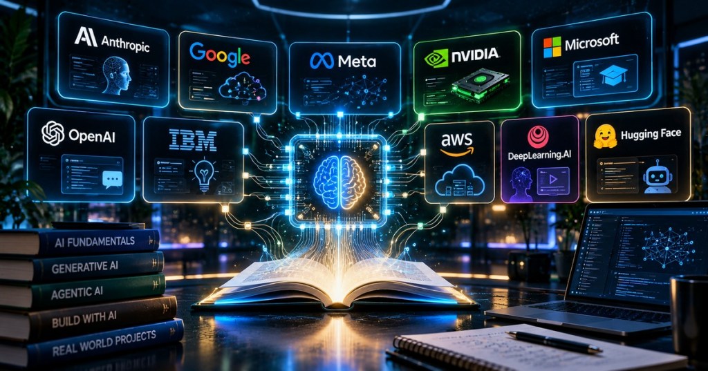 Futuristic AI learning desk connecting ten major technology education platforms including Anthropic, Google, Meta, NVIDIA, Microsoft, OpenAI, IBM, AWS, DeepLearning.AI and Hugging Face.