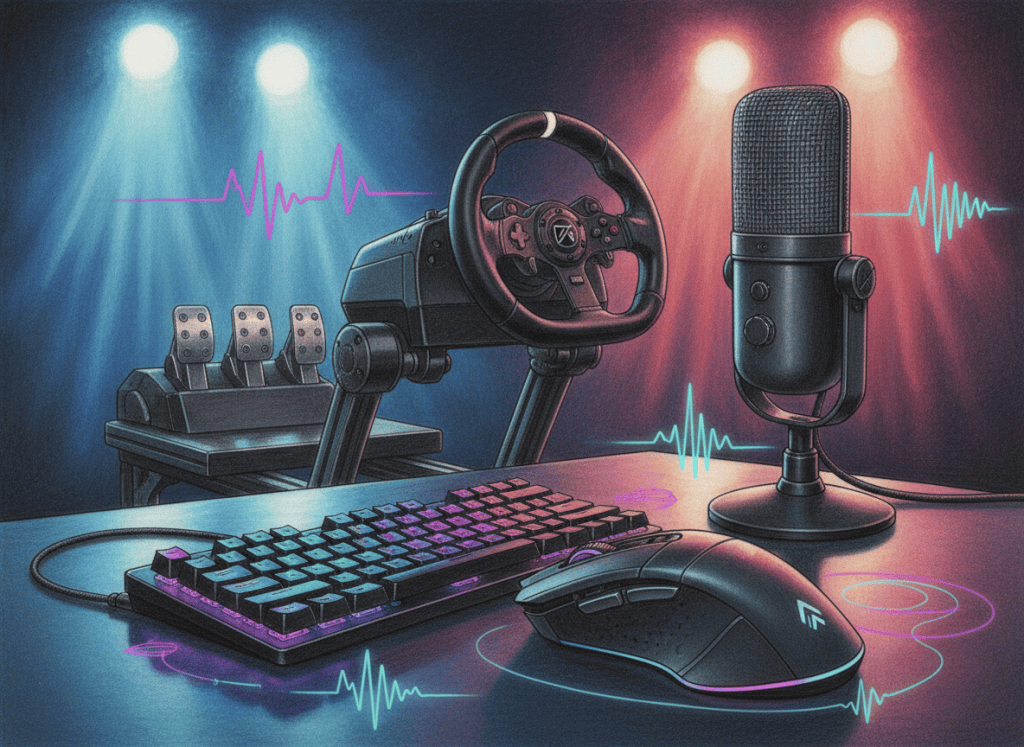 Editorial illustration of esports peripherals, a creator microphone and sim racing hardware.