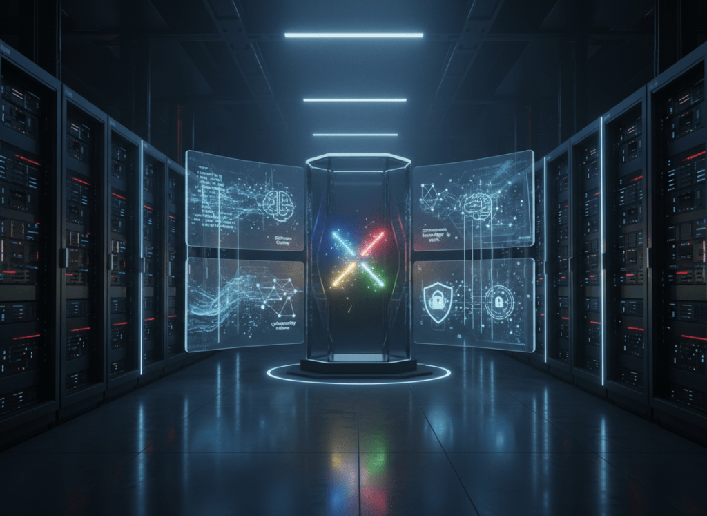 Editorial illustration of a glowing frontier AI core inside a data center surrounded by coding, enterprise knowledge and cybersecurity interfaces.