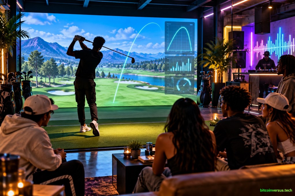 Young adults watching a golfer use a modern indoor golf simulator with digital ball-flight analytics.