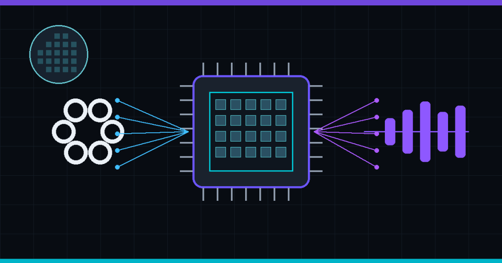 A futuristic semiconductor design workstation showing AI neural data flowing into EDA chip-layout and verification tools around a glowing processor die.