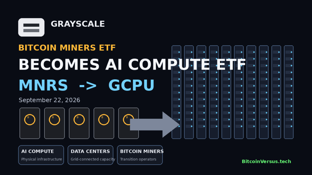 Grayscale AI Compute ETF GCPU cover showing the transition from Bitcoin mining infrastructure to AI data-center compute