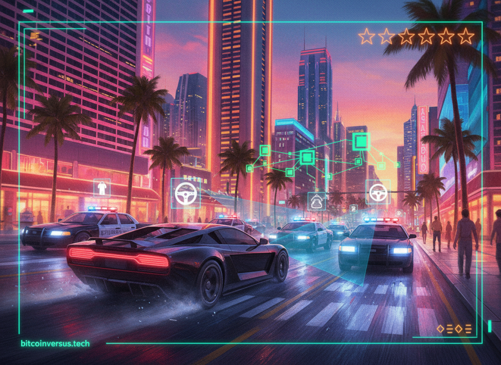 Editorial illustration of a neon coastal-city police chase with game-engine witness detection, wanted stars, and state-machine overlays.
