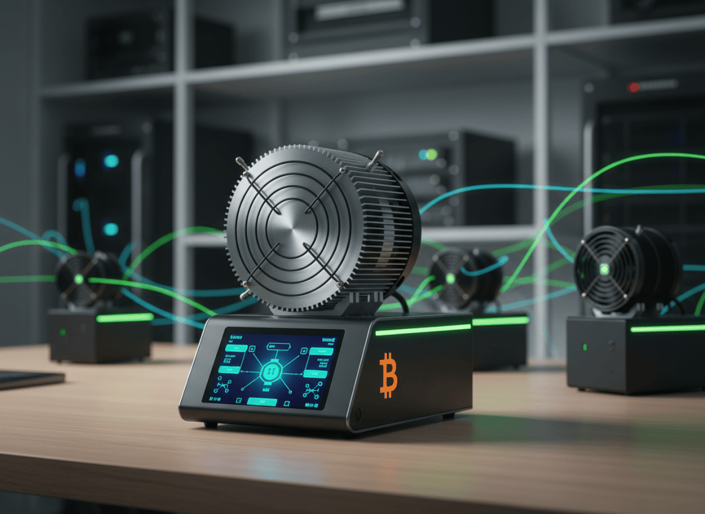 A compact desktop Bitcoin miner with a smart display monitoring several networked home miners from a modern workbench.