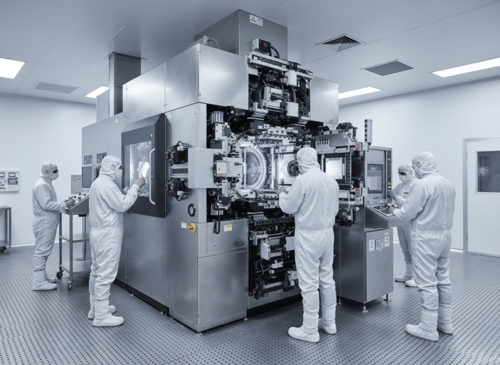 Advanced semiconductor lithography equipment inside a cleanroom with engineers in protective suits