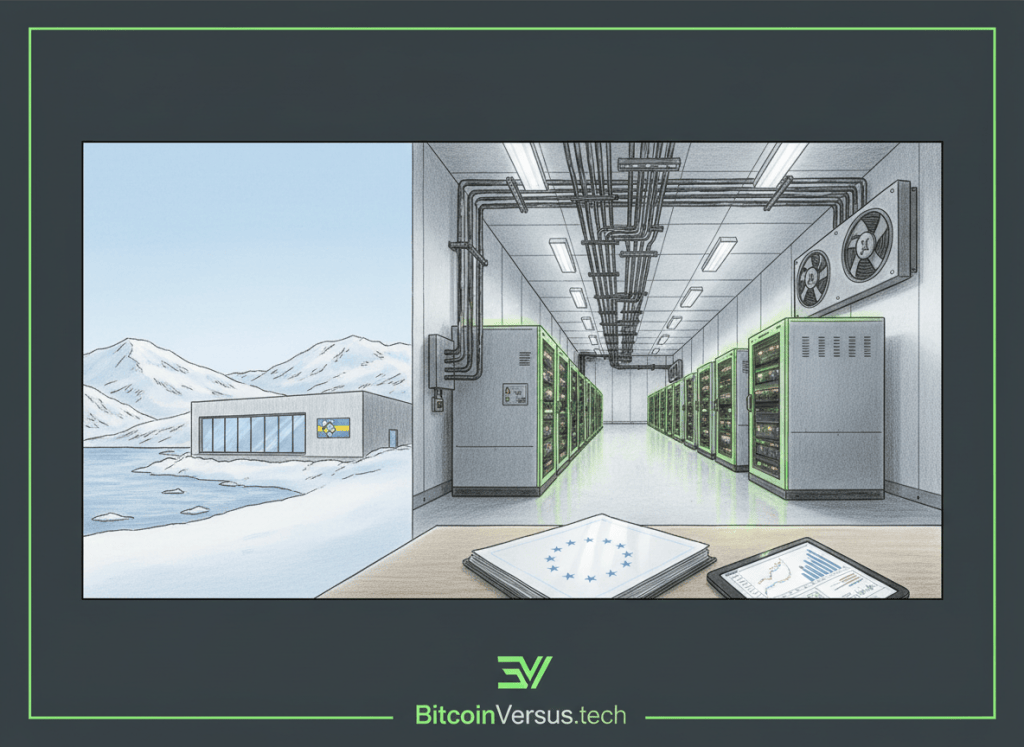Illustration of a renewable-powered Bitcoin mining data center in Sweden with subtle Swedish and EU visual motifs